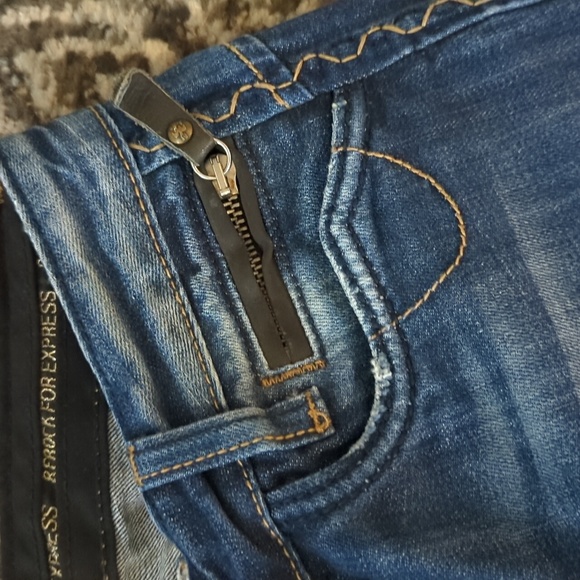 REROCK FOR EXPRESS Dark Blue Boot Cut Distressed Button Flap Pocket Jeans 4 - Picture 3 of 13